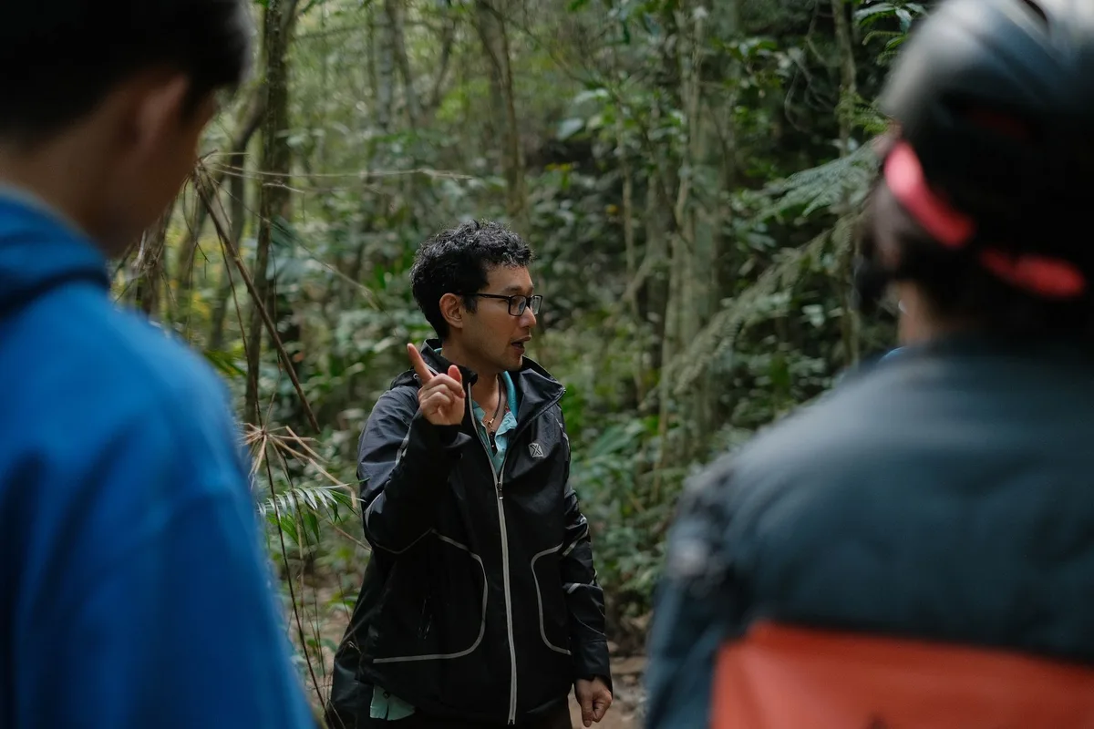 Un groupe de visiteurs écoutant les instructions d'un guide avant une randonnée en forêt.
