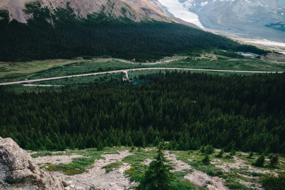 Vallée de montagne avec forêts denses et zones protégées, illustrant la stratégie de préservation environnementale du Bh