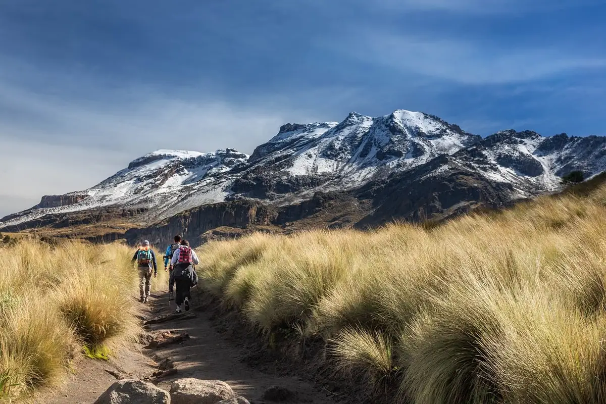 Sentier de randonnée menant vers un volcan tropical avec forêt alentour
