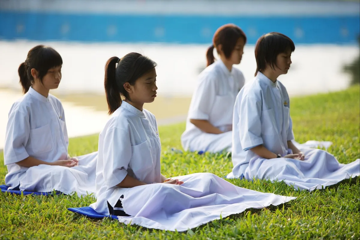 Participants assis en méditation dans un jardin calme et lumineux